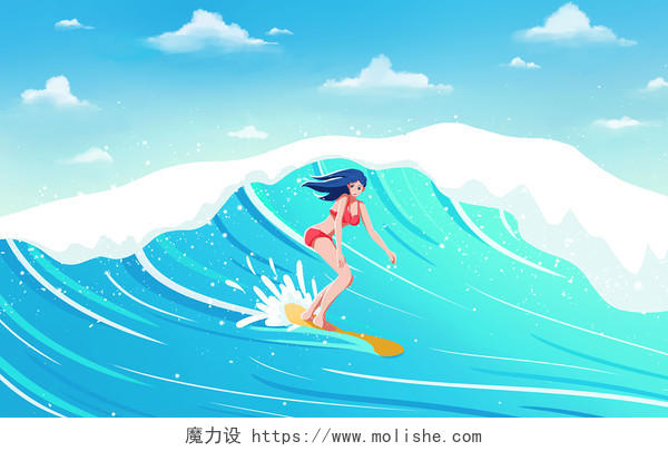 冲浪插画夏天大海海浪夏日运动海上划水夏天背景冲浪背景